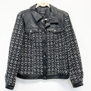 Dennis Basso Women's 12 Black Mixed Media Faux Leather Tweed Snap Front‎ Jacket